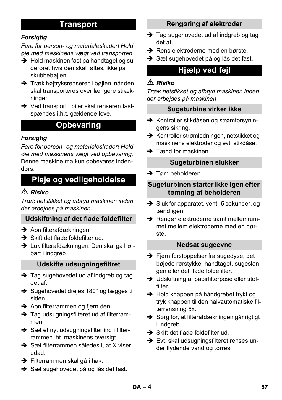 Transport opbevaring pleje og vedligeholdelse, Hjælp ved fejl | Karcher NT 14-1 Ap Te Adv User Manual | Page 57 / 200