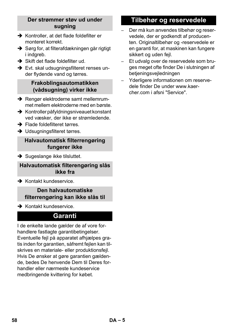 Garanti tilbehør og reservedele | Karcher NT 14-1 Ap Te Adv User Manual | Page 58 / 200