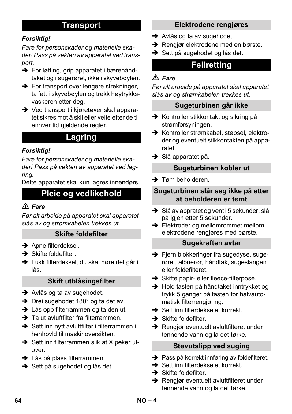 Transport lagring pleie og vedlikehold, Feilretting | Karcher NT 14-1 Ap Te Adv User Manual | Page 64 / 200