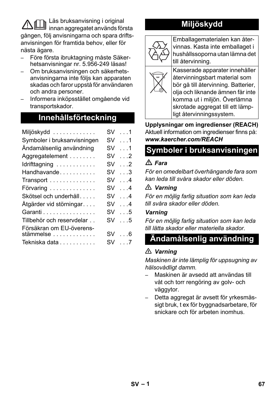 Svenska, Innehållsförteckning, Miljöskydd | Karcher NT 14-1 Ap Te Adv User Manual | Page 67 / 200