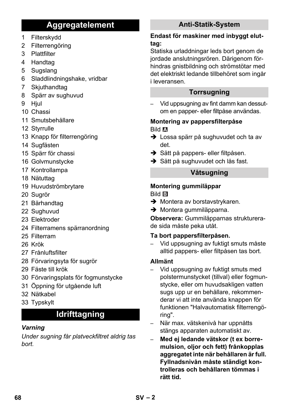 Aggregatelement idrifttagning | Karcher NT 14-1 Ap Te Adv User Manual | Page 68 / 200