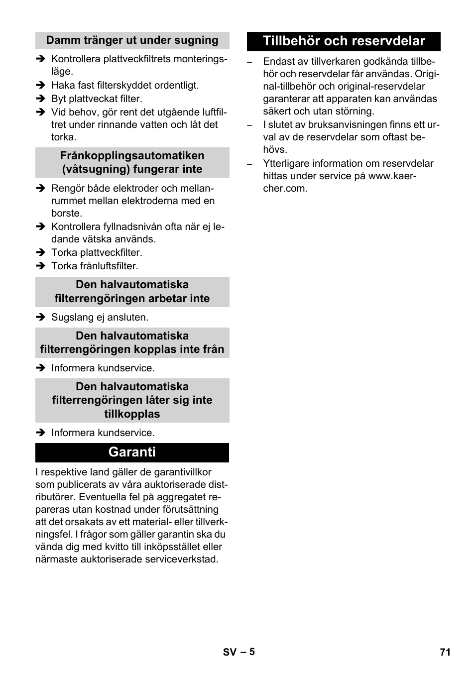 Garanti tillbehör och reservdelar | Karcher NT 14-1 Ap Te Adv User Manual | Page 71 / 200