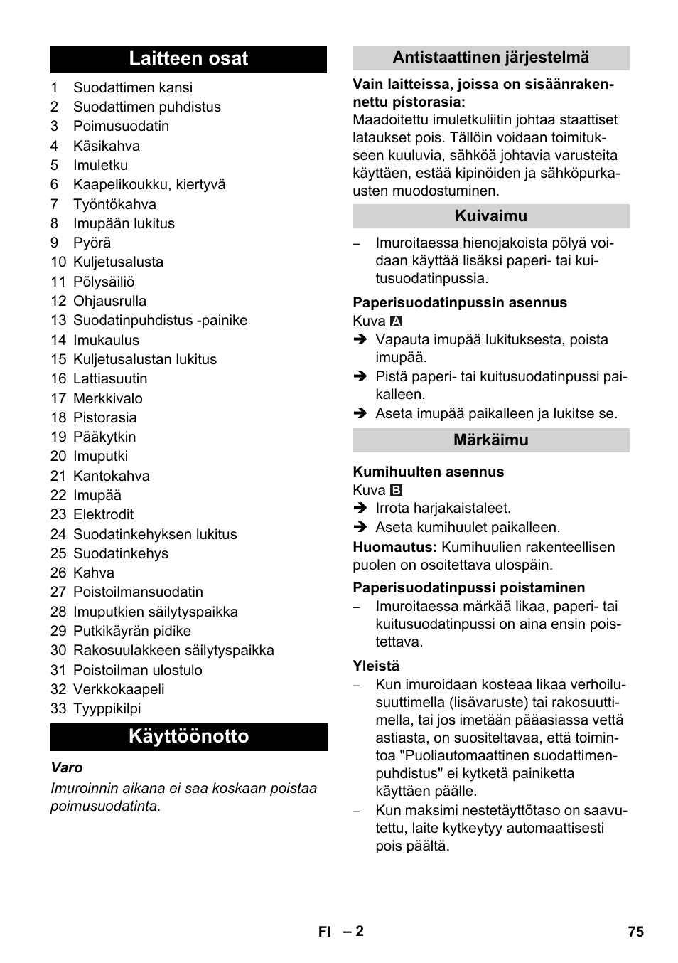 Laitteen osat käyttöönotto | Karcher NT 14-1 Ap Te Adv User Manual | Page 75 / 200