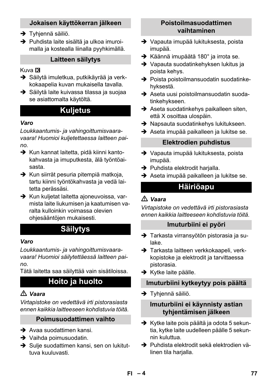 Kuljetus säilytys hoito ja huolto, Häiriöapu | Karcher NT 14-1 Ap Te Adv User Manual | Page 77 / 200