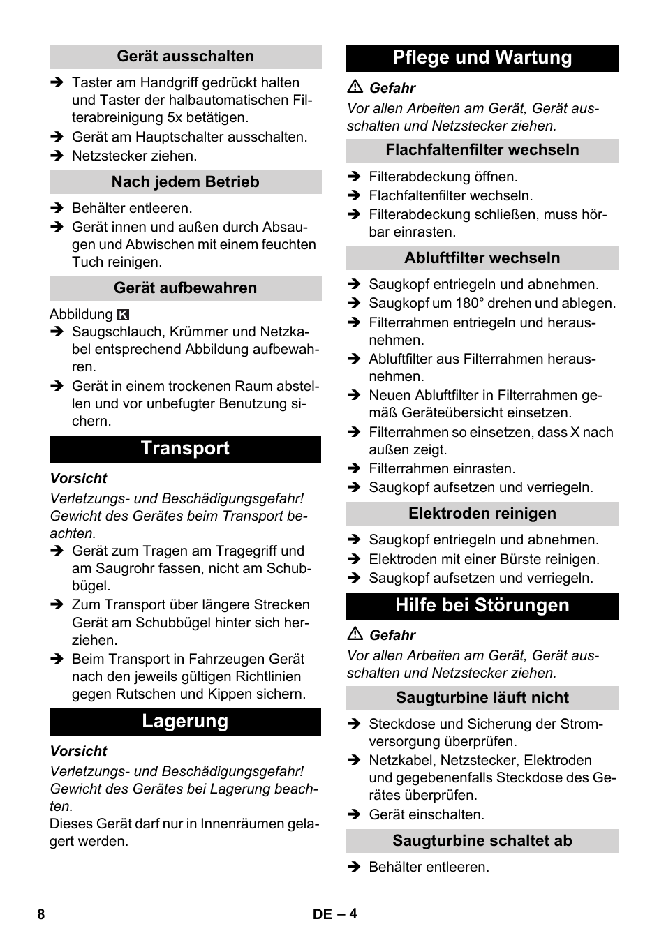 Transport lagerung pflege und wartung, Hilfe bei störungen | Karcher NT 14-1 Ap Te Adv User Manual | Page 8 / 200