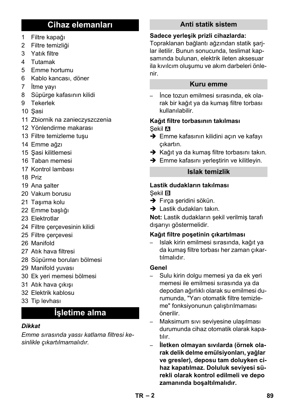 Cihaz elemanları işletime alma | Karcher NT 14-1 Ap Te Adv User Manual | Page 89 / 200