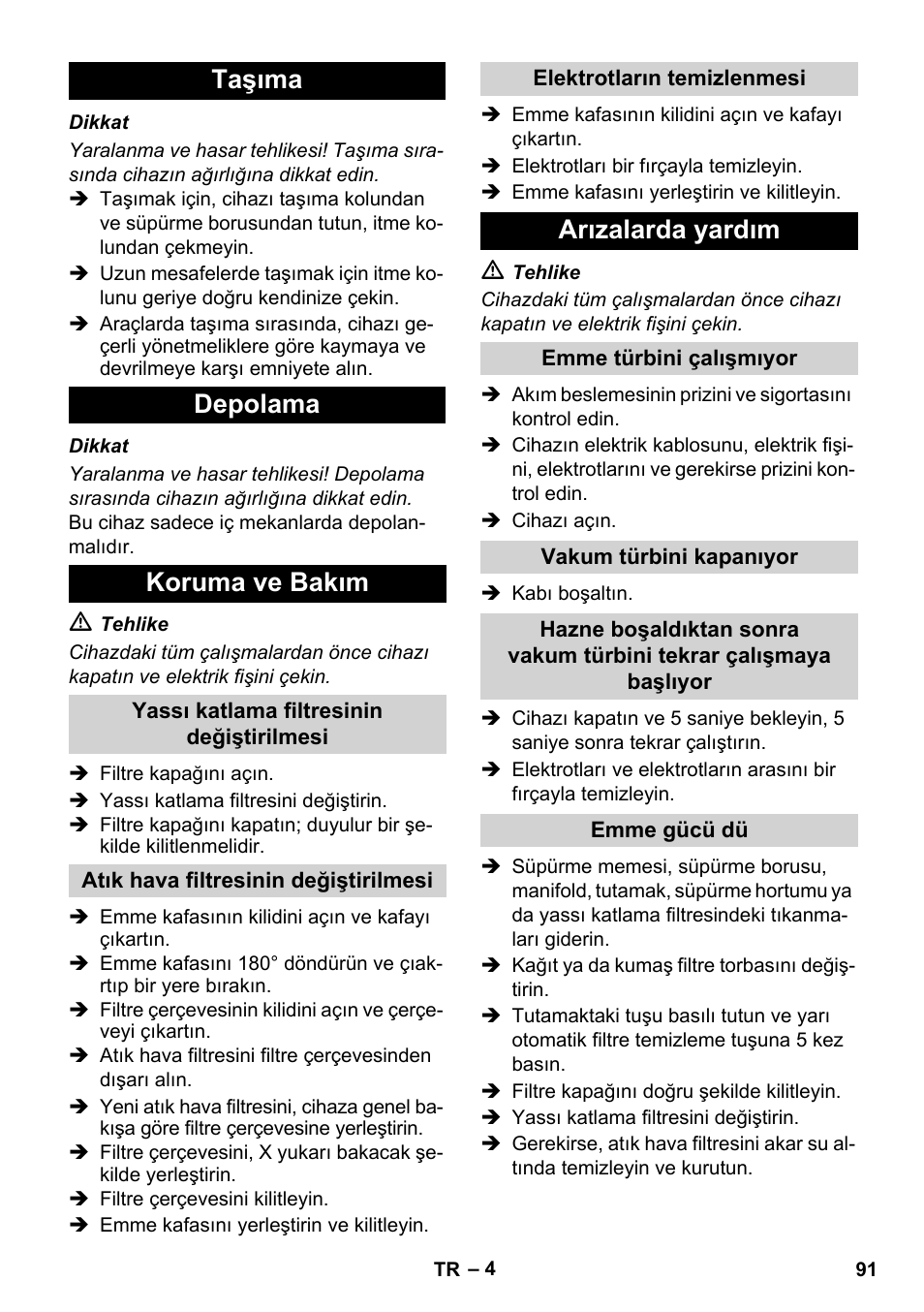 Taşıma depolama koruma ve bakım, Arızalarda yardım | Karcher NT 14-1 Ap Te Adv User Manual | Page 91 / 200