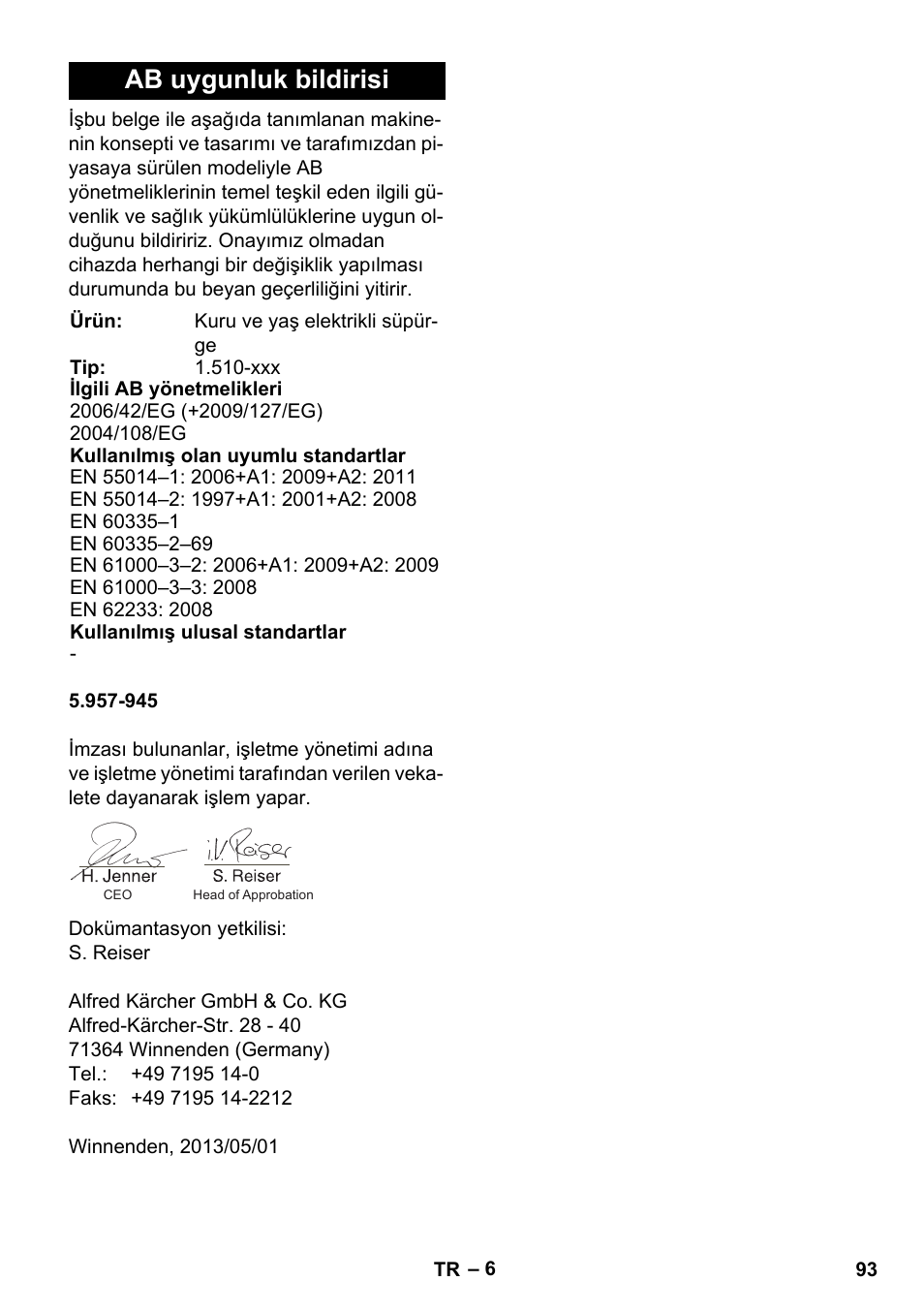 Ab uygunluk bildirisi | Karcher NT 14-1 Ap Te Adv User Manual | Page 93 / 200