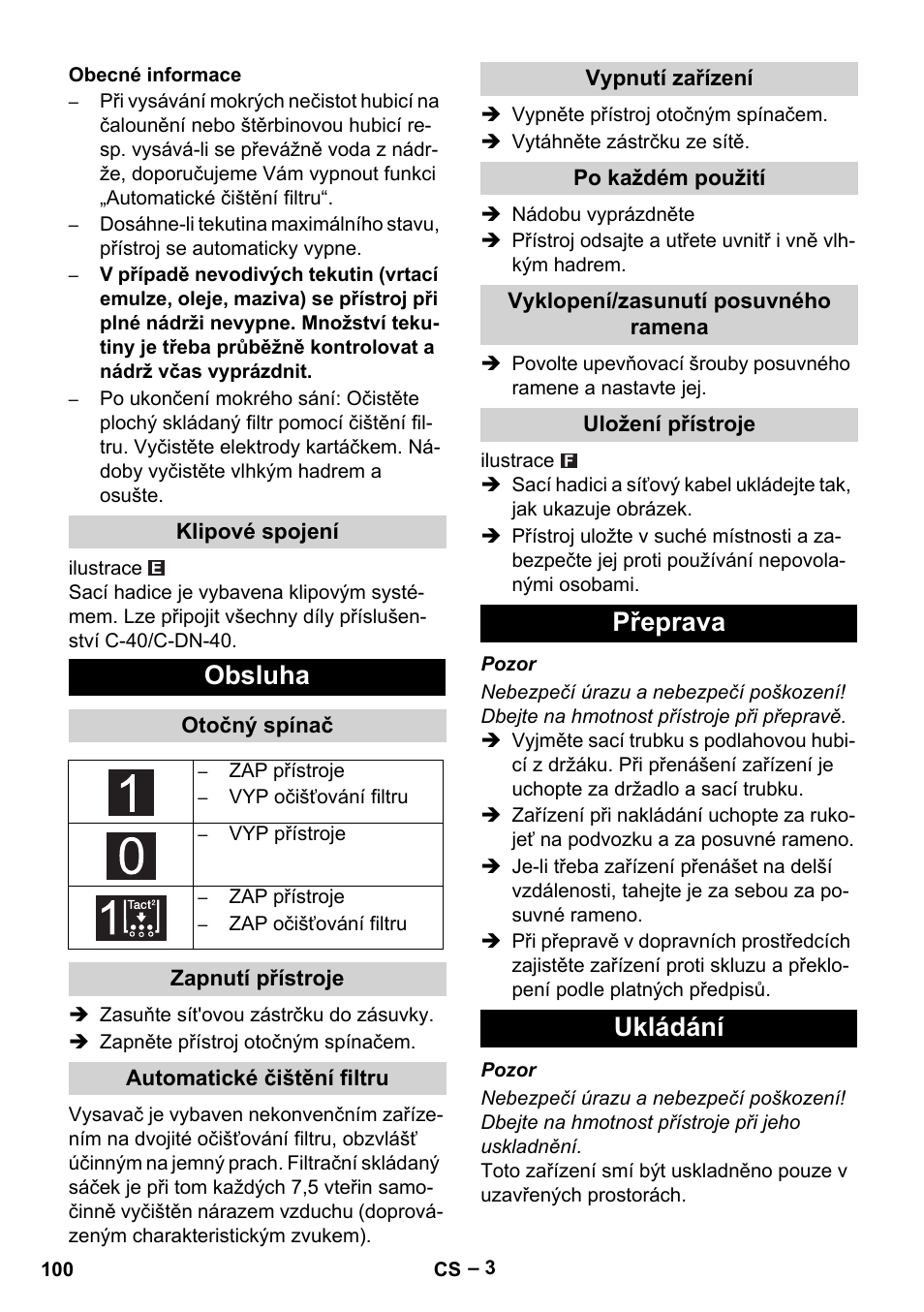 Obsluha, Přeprava ukládání | Karcher NT 65-2 Tact User Manual | Page 100 / 176