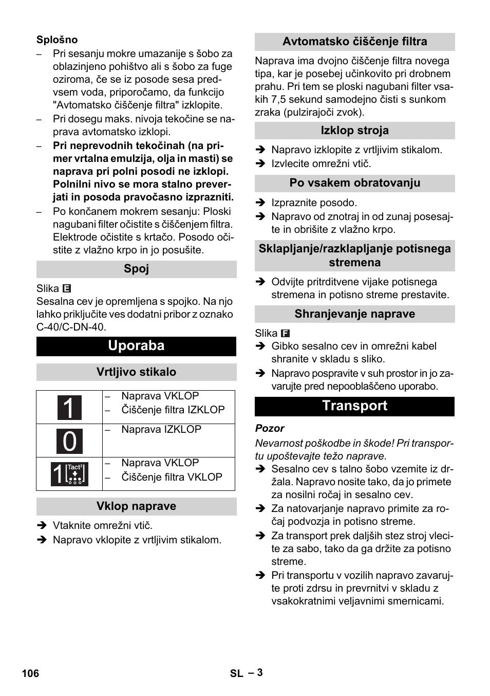 Uporaba, Transport | Karcher NT 65-2 Tact User Manual | Page 106 / 176