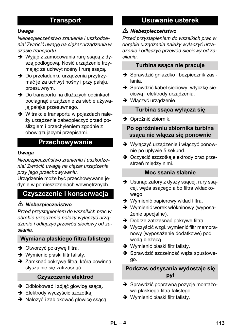 Transport przechowywanie czyszczenie i konserwacja, Usuwanie usterek | Karcher NT 65-2 Tact User Manual | Page 113 / 176