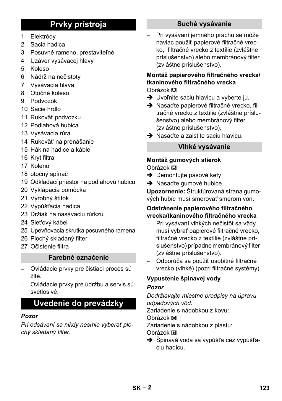 Prvky prístroja, Uvedenie do prevádzky | Karcher NT 65-2 Tact User Manual | Page 123 / 176