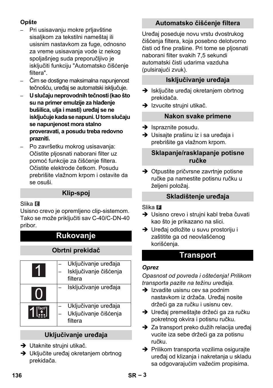 Rukovanje, Transport | Karcher NT 65-2 Tact User Manual | Page 136 / 176