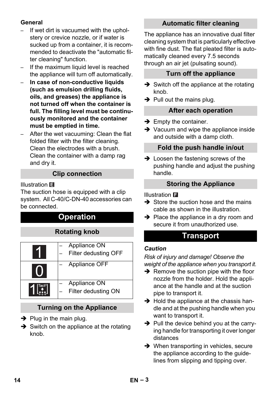 Operation, Transport | Karcher NT 65-2 Tact User Manual | Page 14 / 176