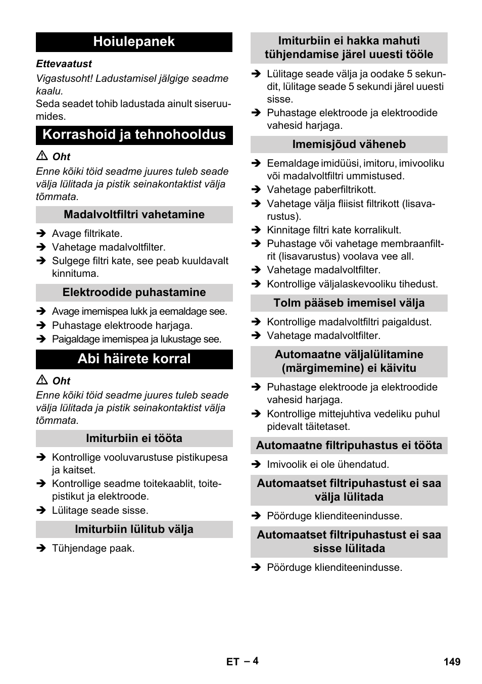 Hoiulepanek korrashoid ja tehnohooldus, Abi häirete korral | Karcher NT 65-2 Tact User Manual | Page 149 / 176