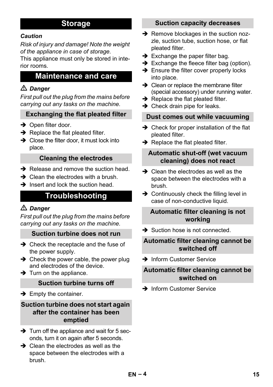 Storage maintenance and care, Troubleshooting | Karcher NT 65-2 Tact User Manual | Page 15 / 176