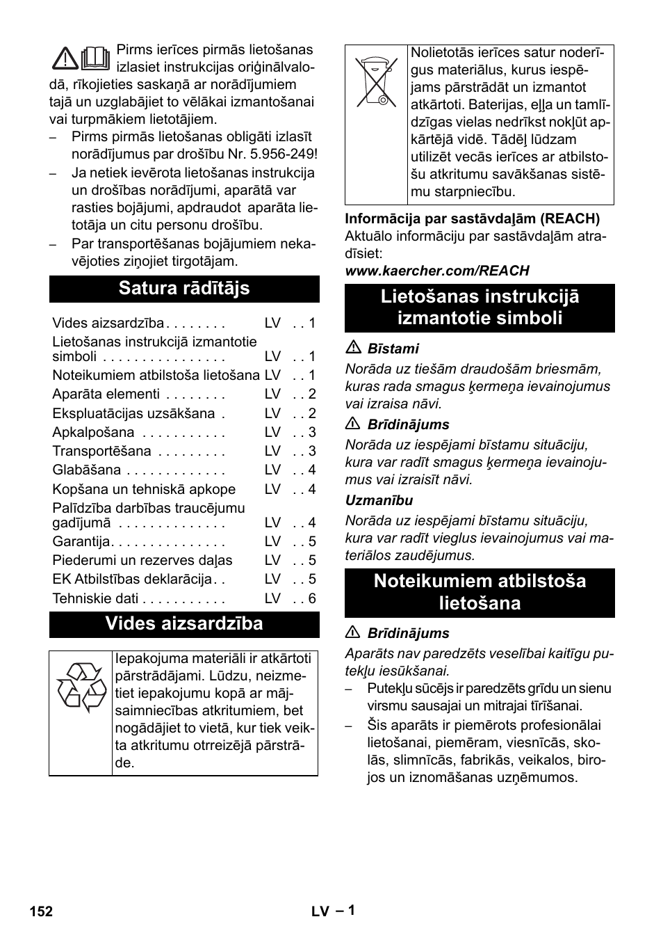 Latviešu, Satura rādītājs, Vides aizsardzība | Karcher NT 65-2 Tact User Manual | Page 152 / 176
