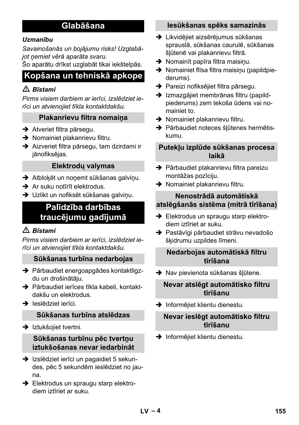 Glabāšana kopšana un tehniskā apkope, Palīdzība darbības traucējumu gadījumā | Karcher NT 65-2 Tact User Manual | Page 155 / 176