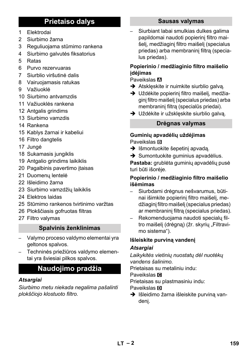 Prietaiso dalys, Naudojimo pradžia | Karcher NT 65-2 Tact User Manual | Page 159 / 176