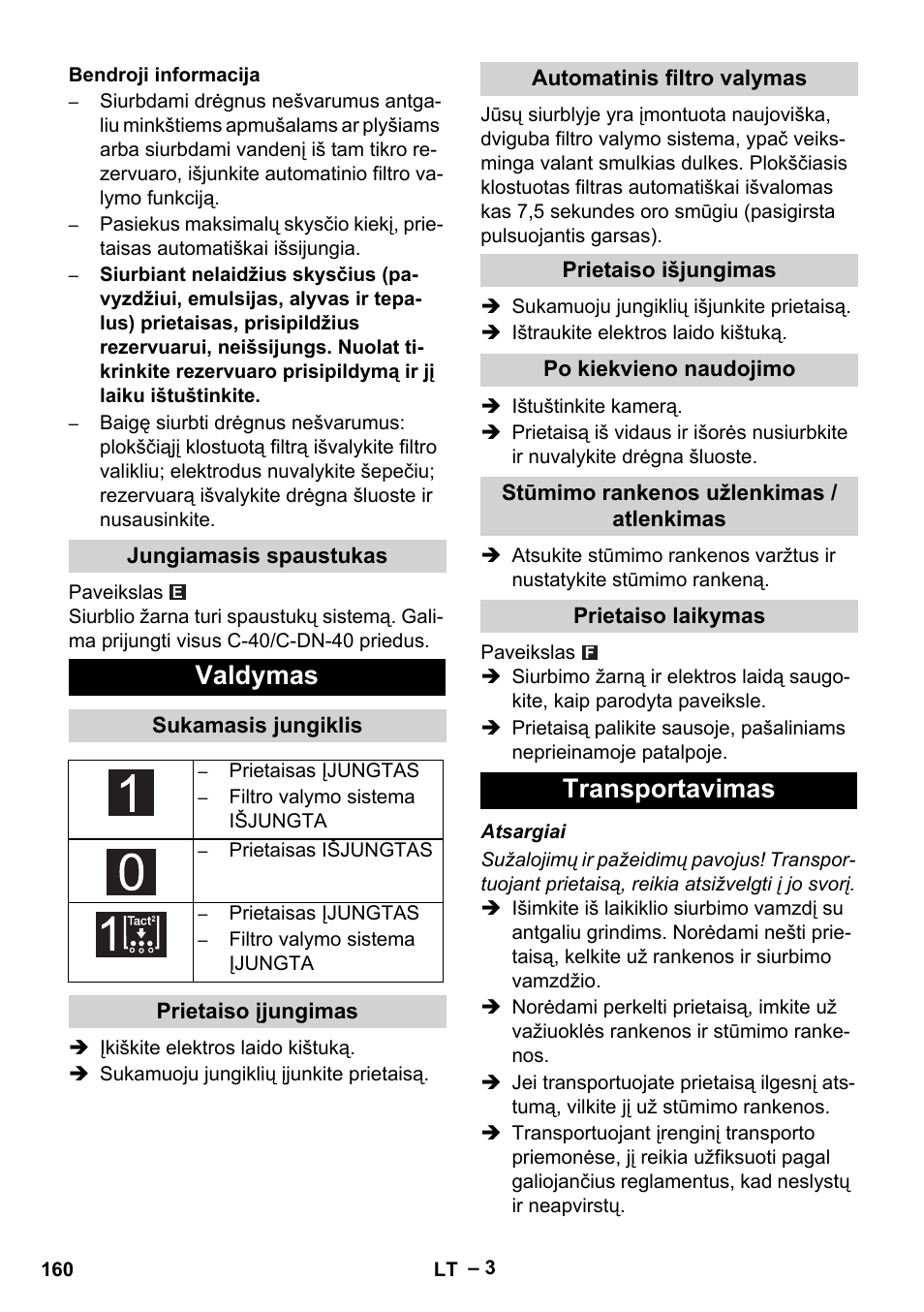 Valdymas, Transportavimas | Karcher NT 65-2 Tact User Manual | Page 160 / 176