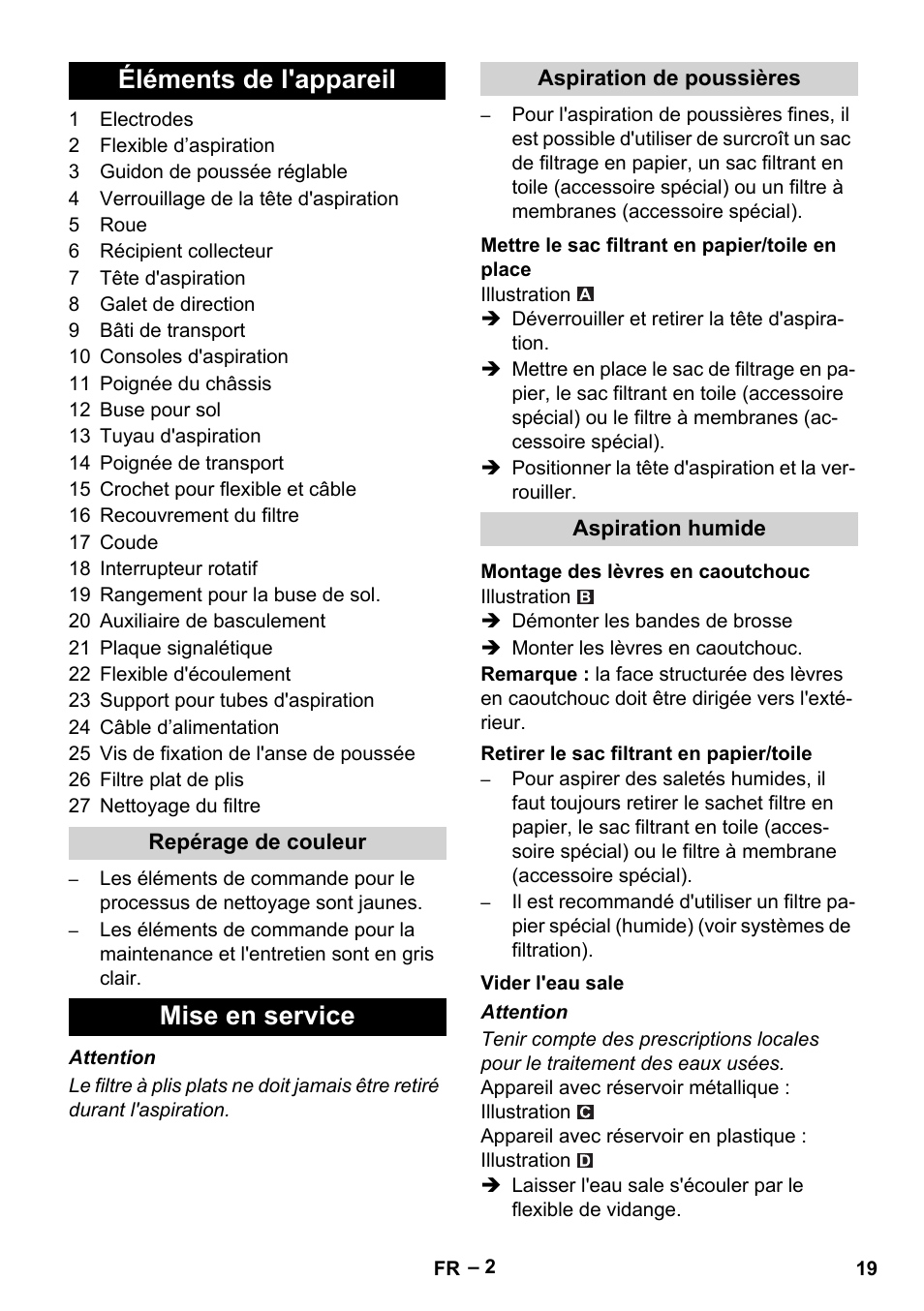 Éléments de l'appareil, Mise en service | Karcher NT 65-2 Tact User Manual | Page 19 / 176