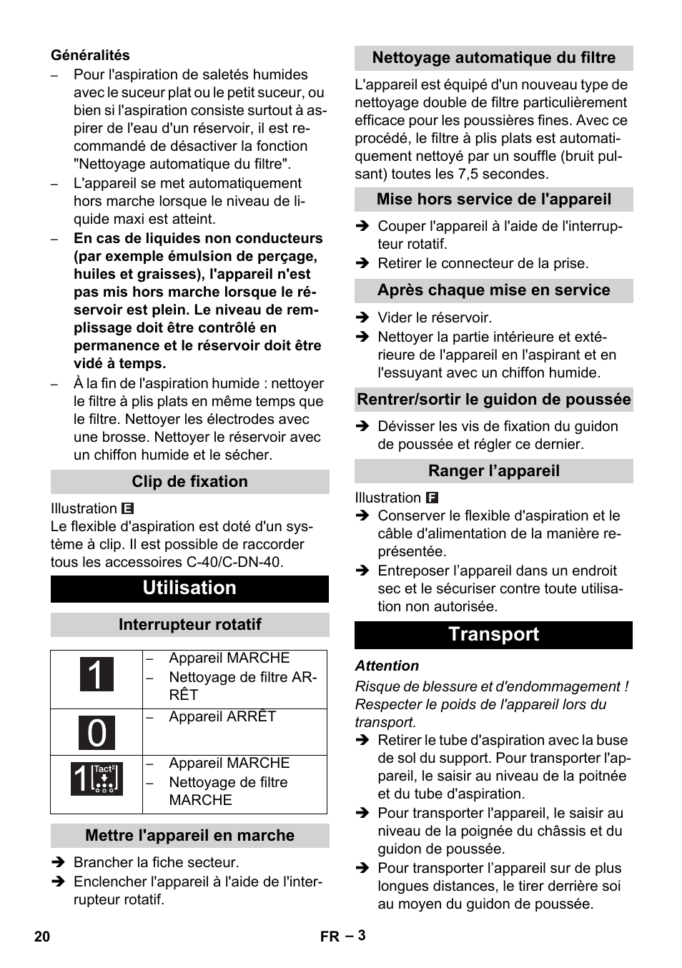 Utilisation, Transport | Karcher NT 65-2 Tact User Manual | Page 20 / 176