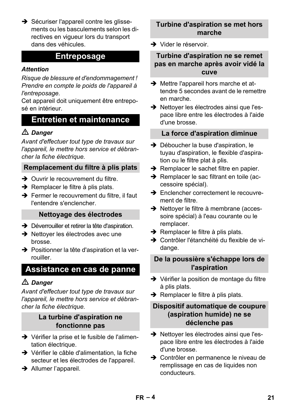 Entreposage entretien et maintenance, Assistance en cas de panne | Karcher NT 65-2 Tact User Manual | Page 21 / 176