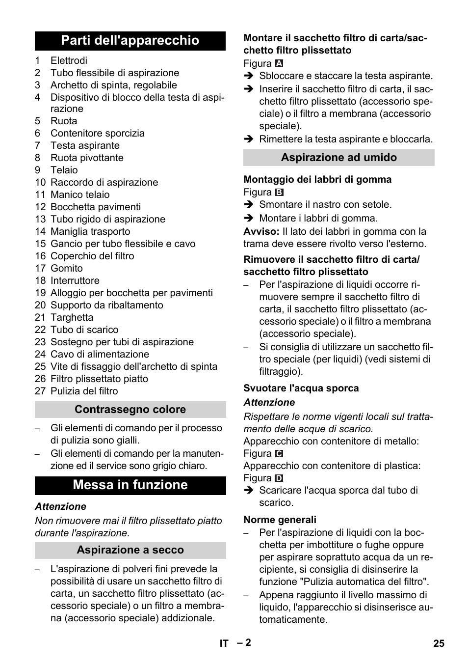 Parti dell'apparecchio, Messa in funzione | Karcher NT 65-2 Tact User Manual | Page 25 / 176