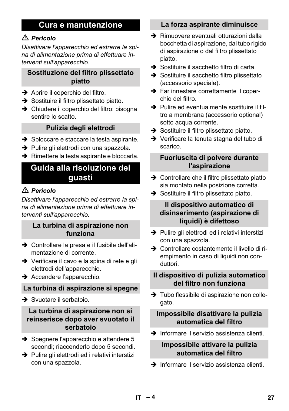 Cura e manutenzione, Guida alla risoluzione dei guasti | Karcher NT 65-2 Tact User Manual | Page 27 / 176