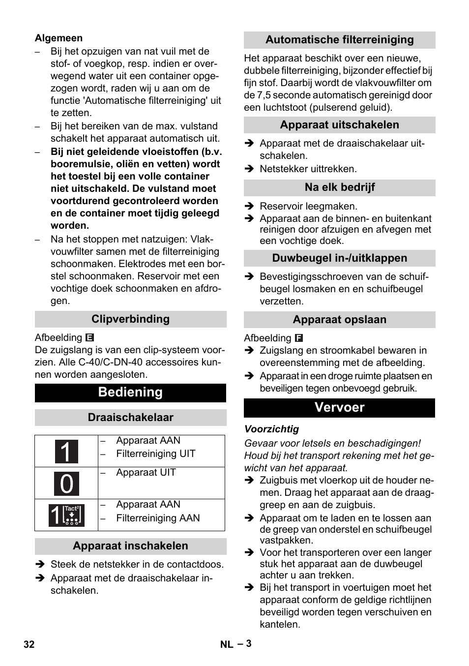 Bediening, Vervoer | Karcher NT 65-2 Tact User Manual | Page 32 / 176