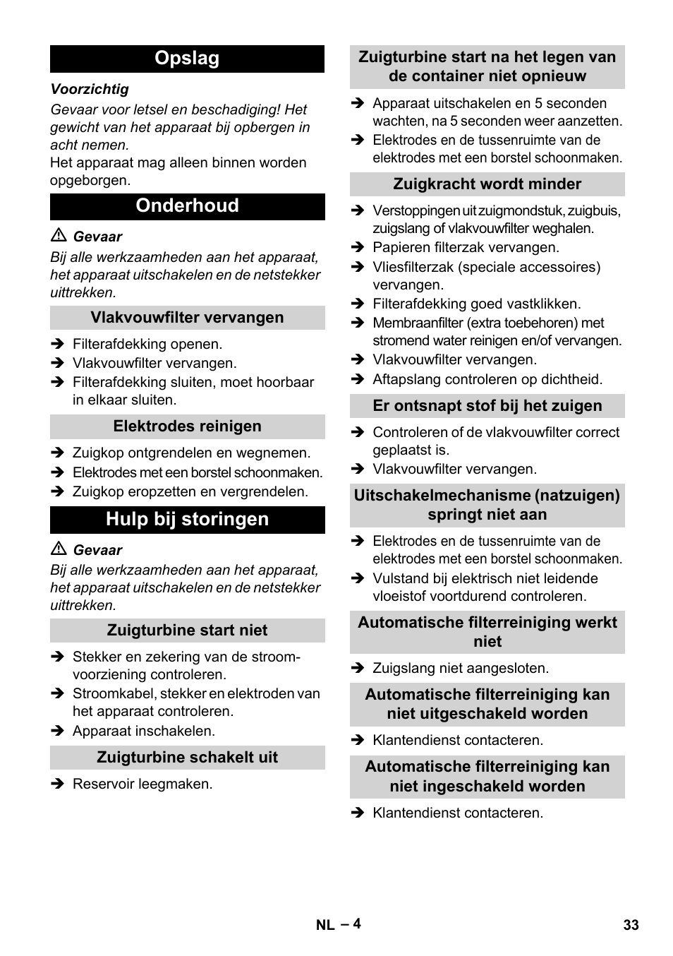 Opslag onderhoud, Hulp bij storingen | Karcher NT 65-2 Tact User Manual | Page 33 / 176