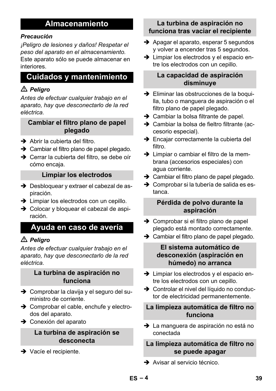 Almacenamiento cuidados y mantenimiento, Ayuda en caso de avería | Karcher NT 65-2 Tact User Manual | Page 39 / 176