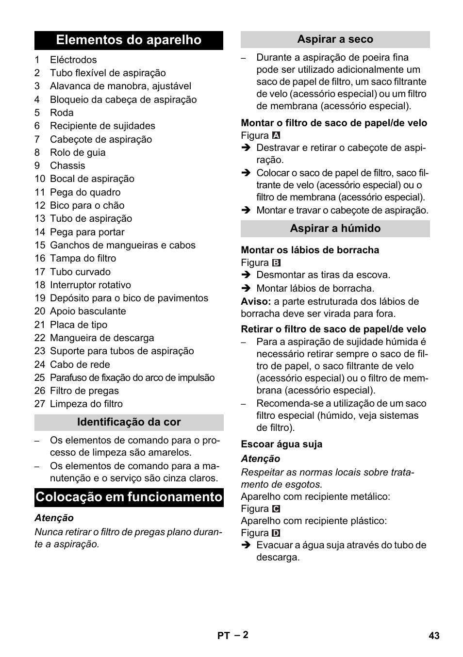 Elementos do aparelho, Colocação em funcionamento | Karcher NT 65-2 Tact User Manual | Page 43 / 176