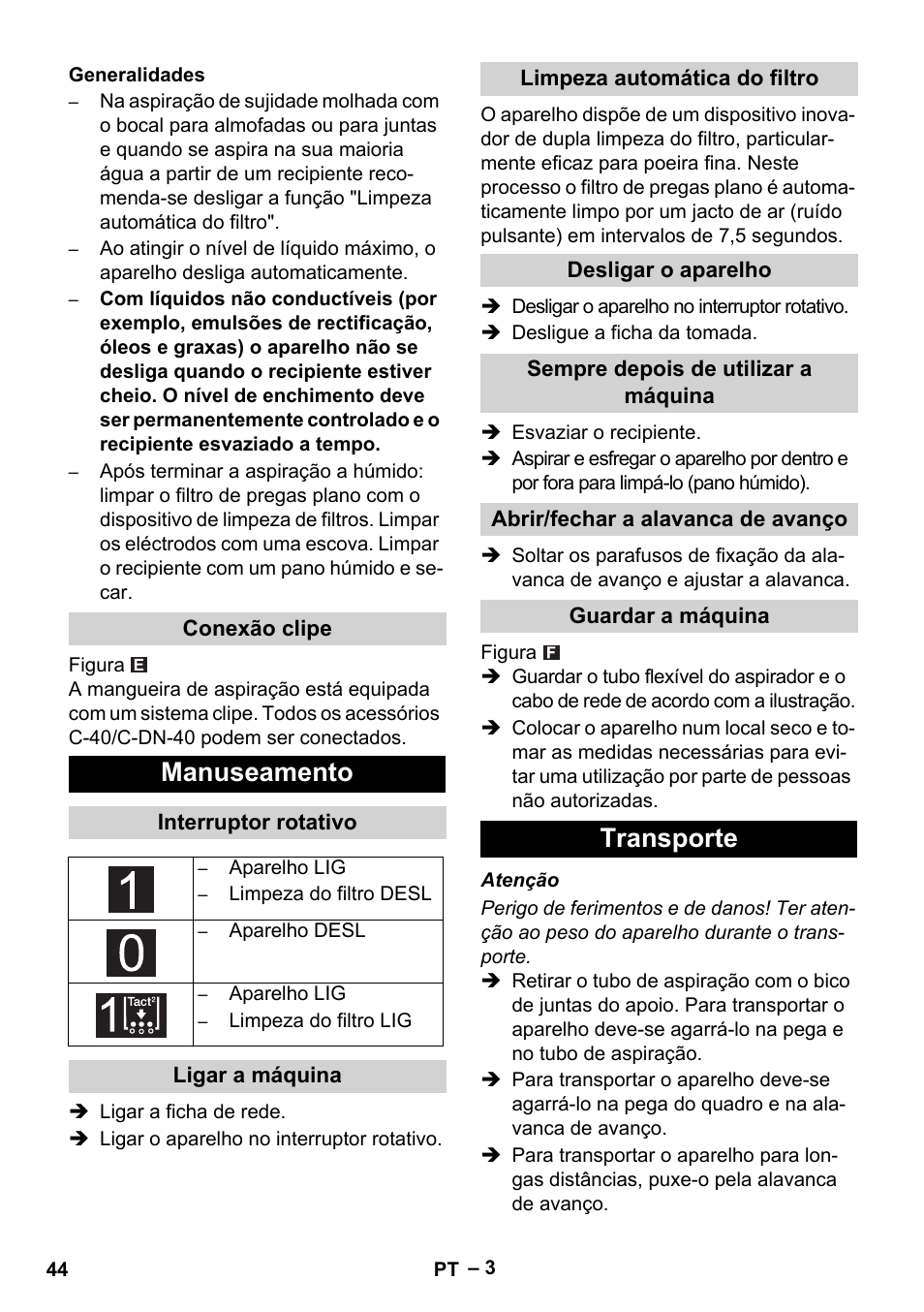 Manuseamento, Transporte | Karcher NT 65-2 Tact User Manual | Page 44 / 176