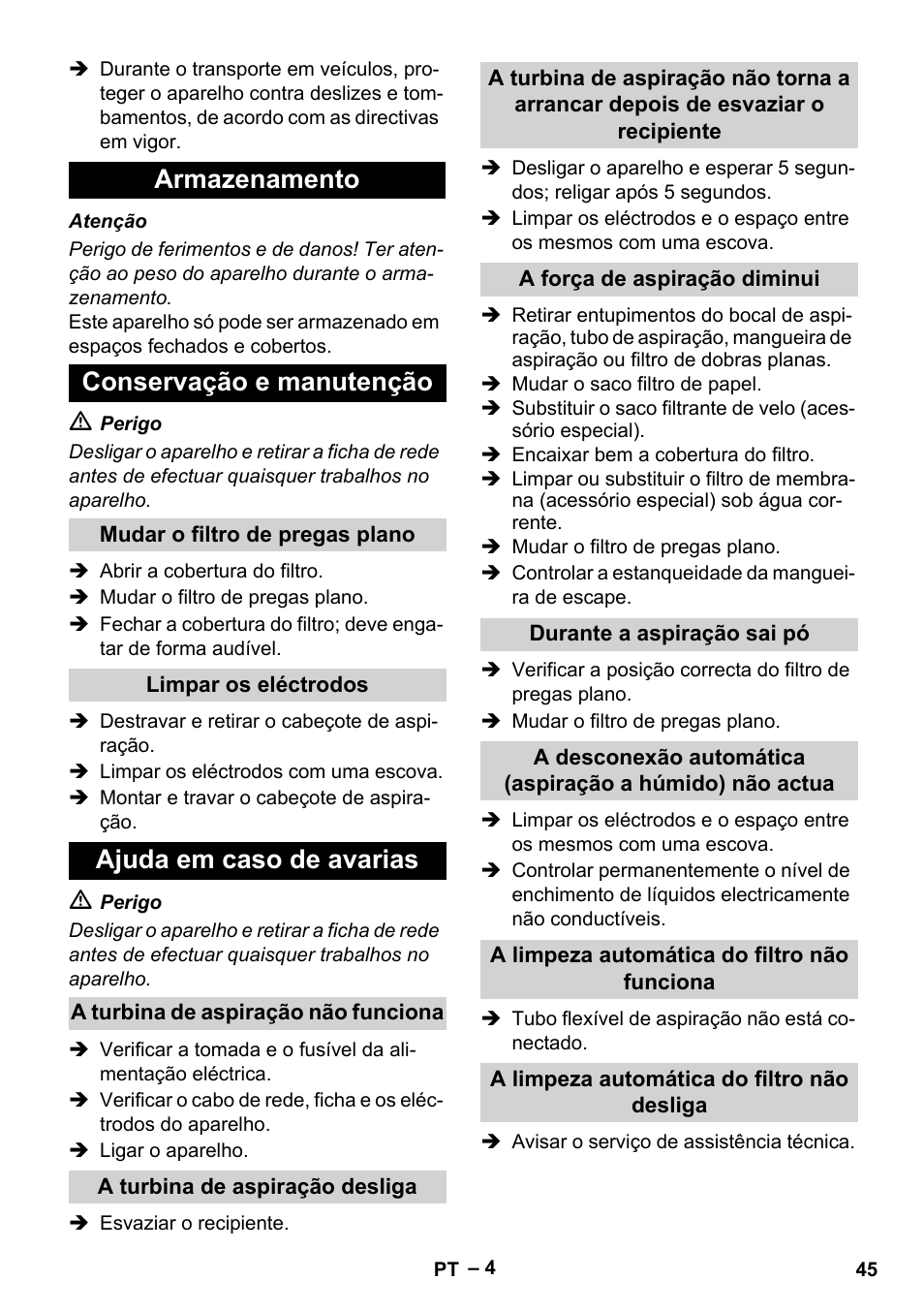 Armazenamento conservação e manutenção, Ajuda em caso de avarias | Karcher NT 65-2 Tact User Manual | Page 45 / 176