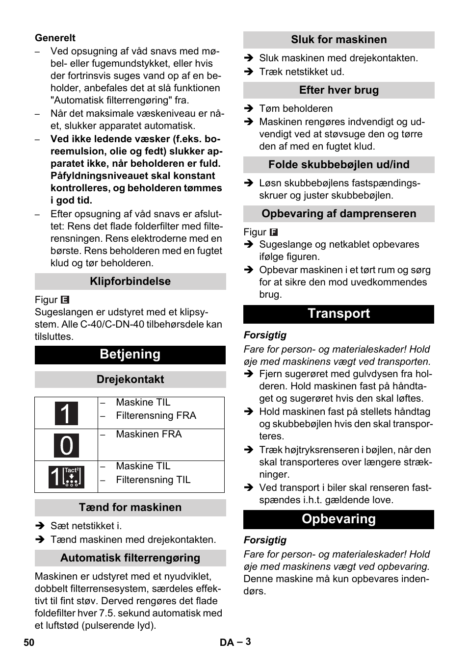 Betjening, Transport opbevaring | Karcher NT 65-2 Tact User Manual | Page 50 / 176