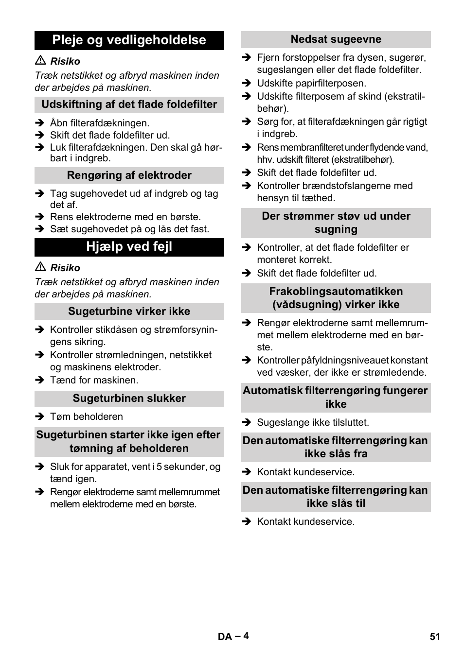 Pleje og vedligeholdelse, Hjælp ved fejl | Karcher NT 65-2 Tact User Manual | Page 51 / 176