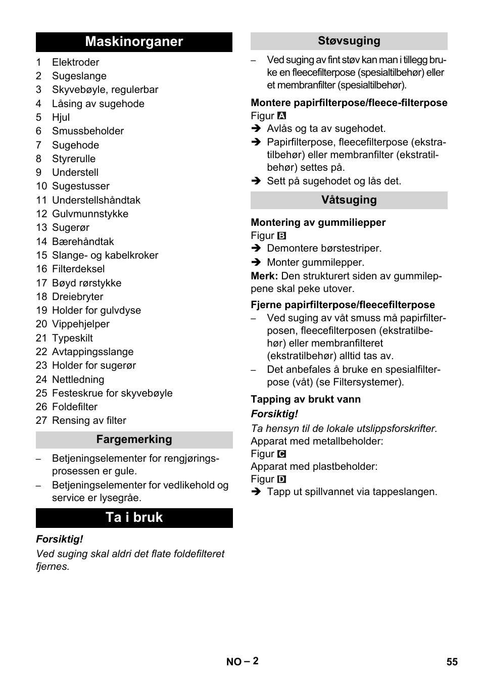 Maskinorganer, Ta i bruk | Karcher NT 65-2 Tact User Manual | Page 55 / 176