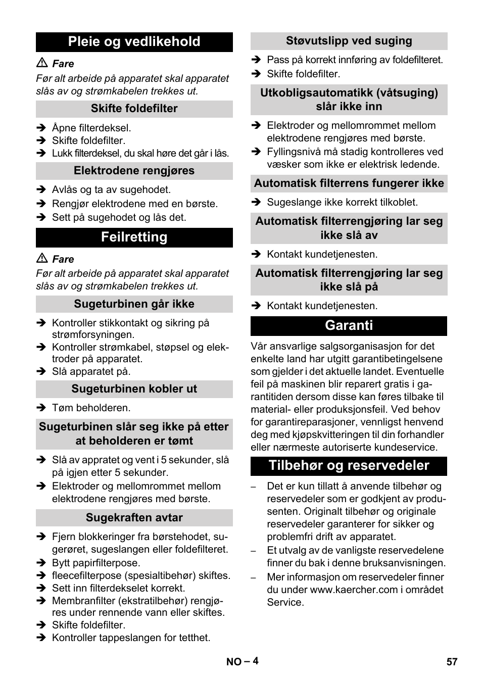 Pleie og vedlikehold, Feilretting, Garanti tilbehør og reservedeler | Karcher NT 65-2 Tact User Manual | Page 57 / 176