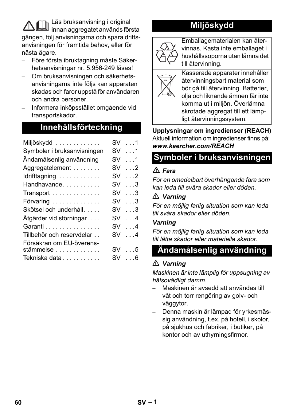 Svenska, Innehållsförteckning, Miljöskydd | Karcher NT 65-2 Tact User Manual | Page 60 / 176