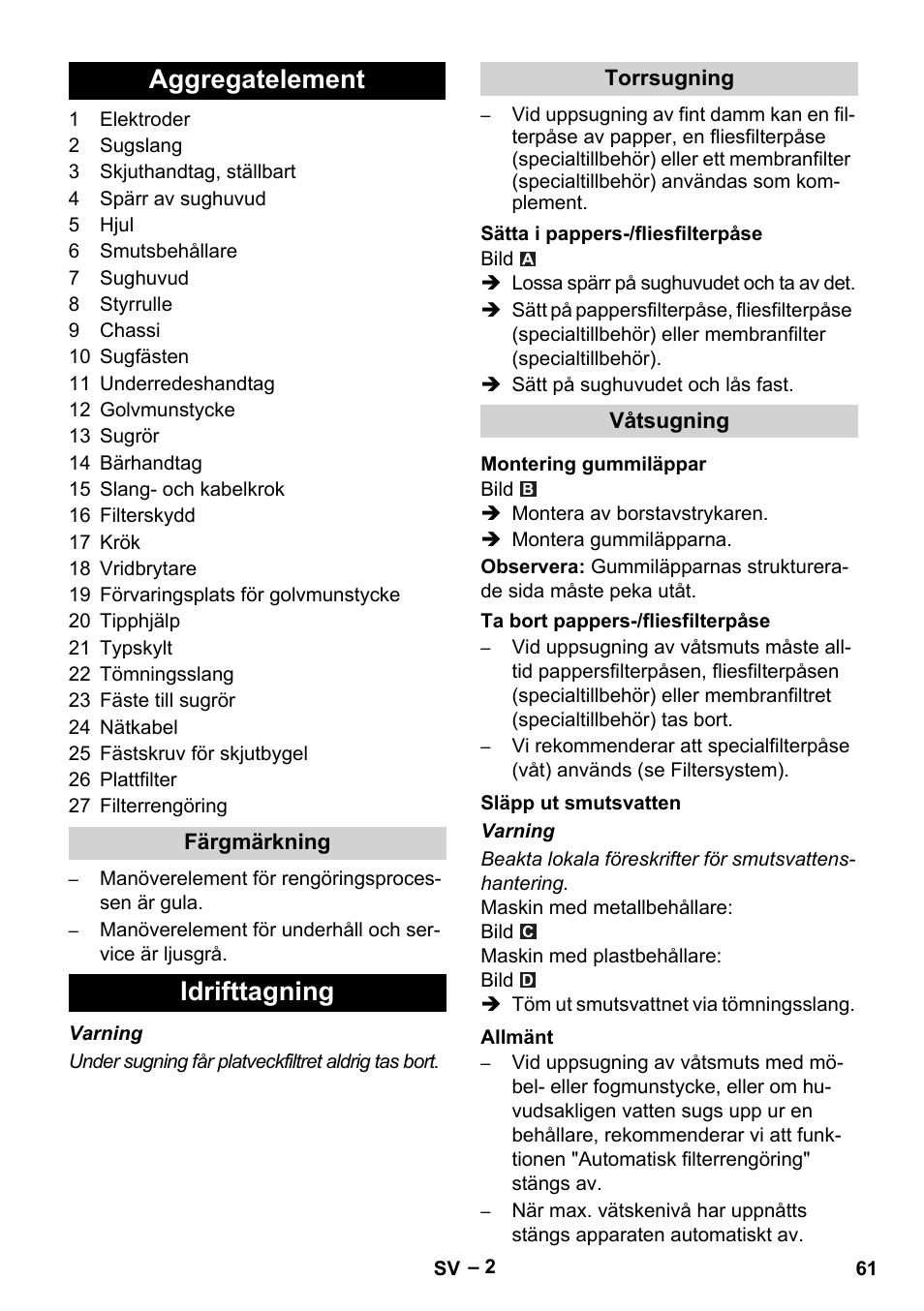 Aggregatelement, Idrifttagning | Karcher NT 65-2 Tact User Manual | Page 61 / 176