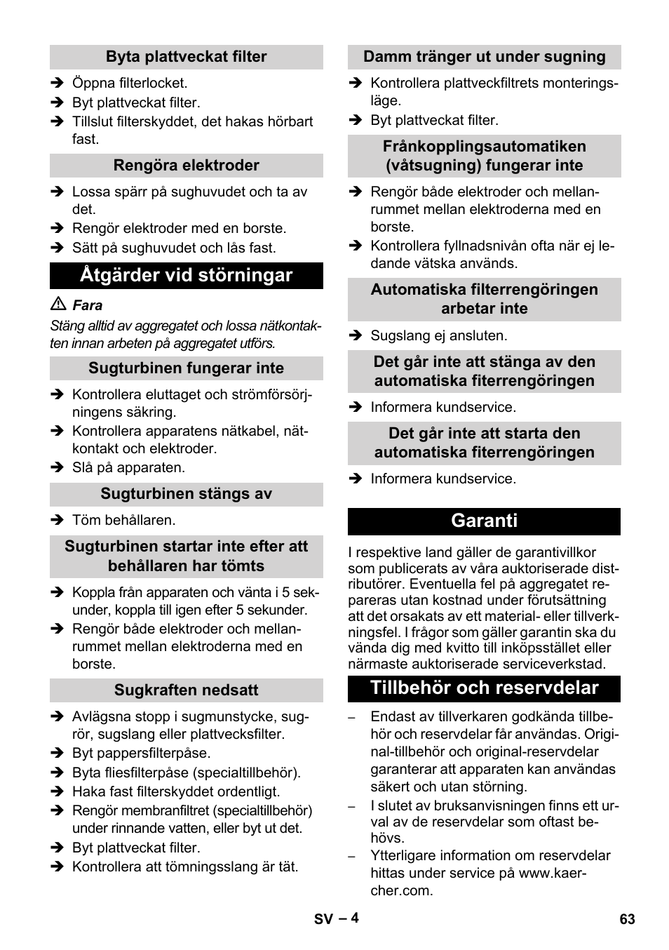 Åtgärder vid störningar, Garanti tillbehör och reservdelar | Karcher NT 65-2 Tact User Manual | Page 63 / 176