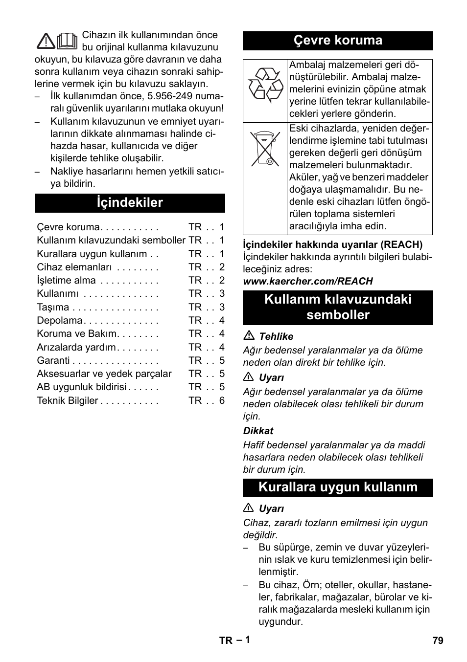 Türkçe, Içindekiler, Çevre koruma | Karcher NT 65-2 Tact User Manual | Page 79 / 176