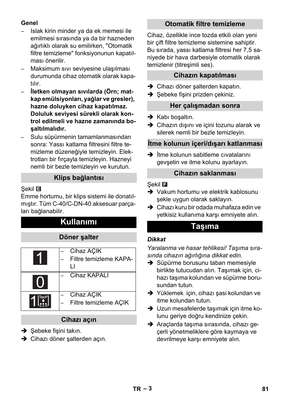 Kullanımı, Taşıma | Karcher NT 65-2 Tact User Manual | Page 81 / 176