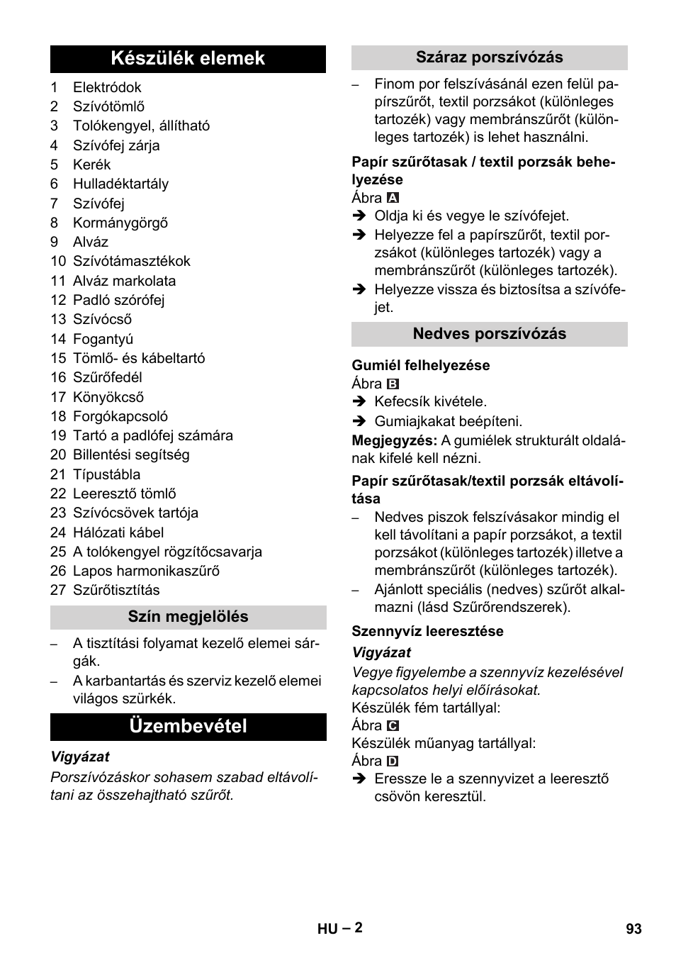 Készülék elemek, Üzembevétel | Karcher NT 65-2 Tact User Manual | Page 93 / 176