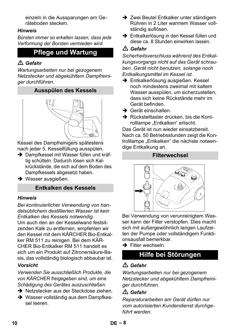 Pflege und wartung, Hilfe bei störungen | Karcher DE 4002 EU User Manual | Page 10 / 254