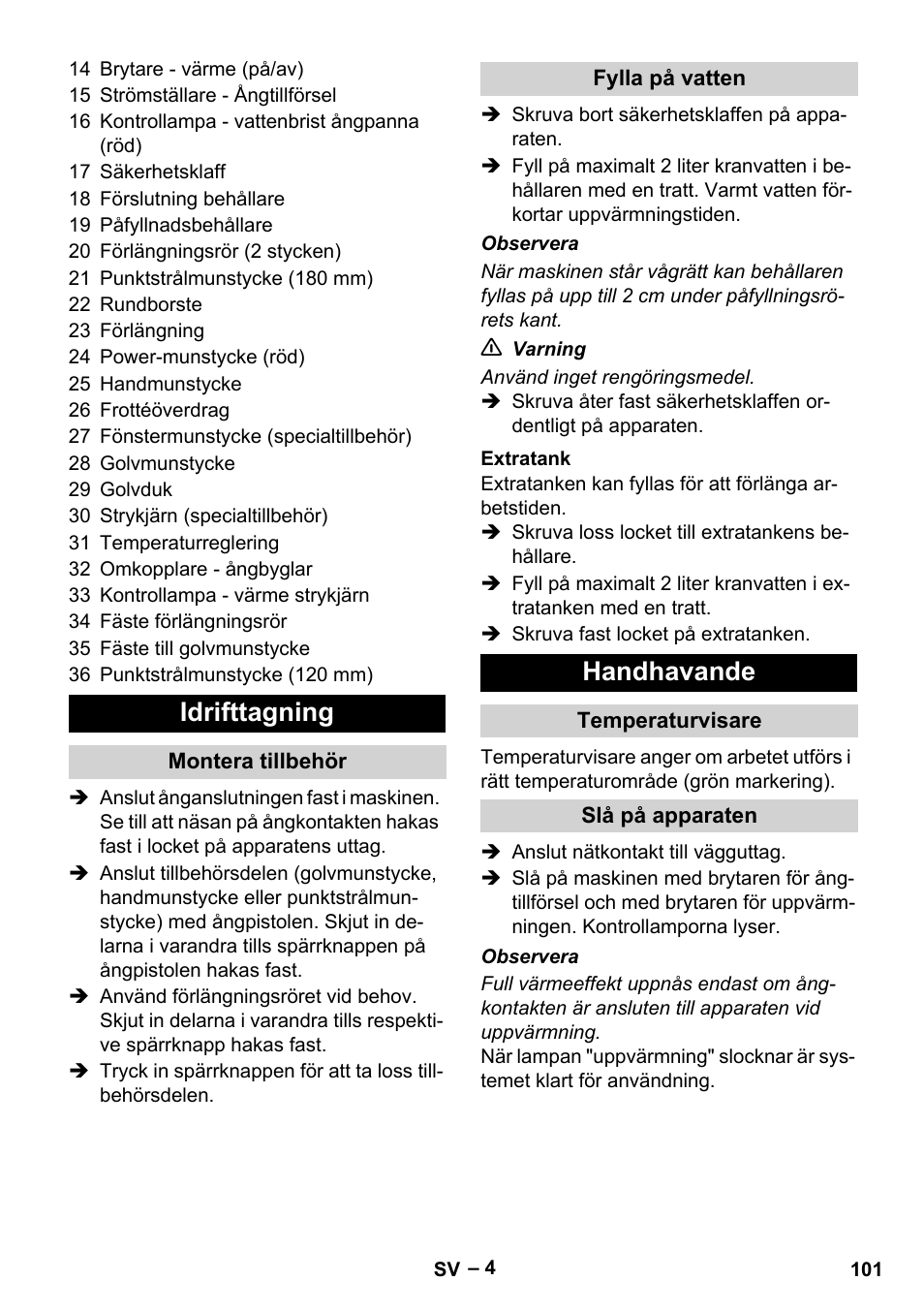 Idrifttagning, Handhavande | Karcher DE 4002 EU User Manual | Page 101 / 254