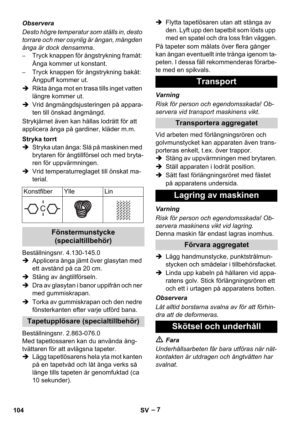Transport, Lagring av maskinen, Skötsel och underhåll | Karcher DE 4002 EU User Manual | Page 104 / 254