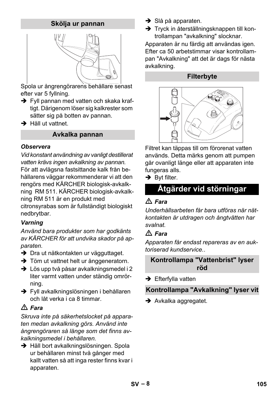 Åtgärder vid störningar | Karcher DE 4002 EU User Manual | Page 105 / 254