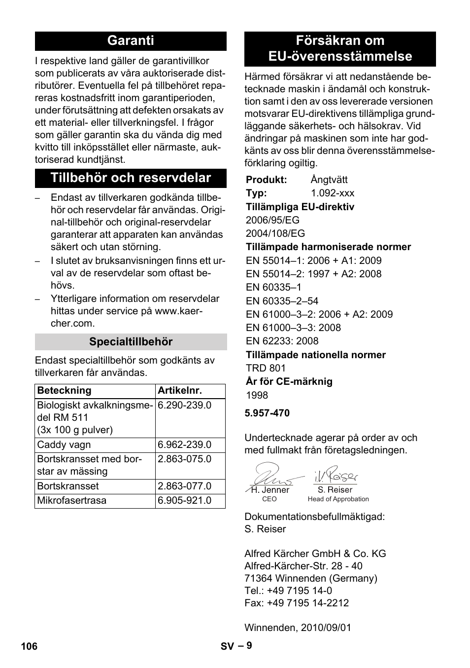 Garanti tillbehör och reservdelar, Försäkran om eu-överensstämmelse | Karcher DE 4002 EU User Manual | Page 106 / 254